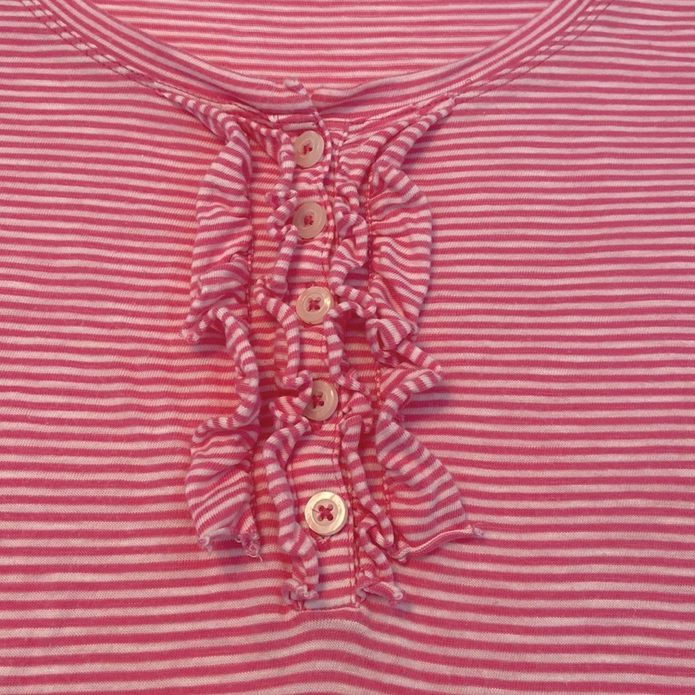 Long sleeve cotton stripe ruffle Henley scoop neck T-shirt Barbie Barbiecore - Picture 7 of 15